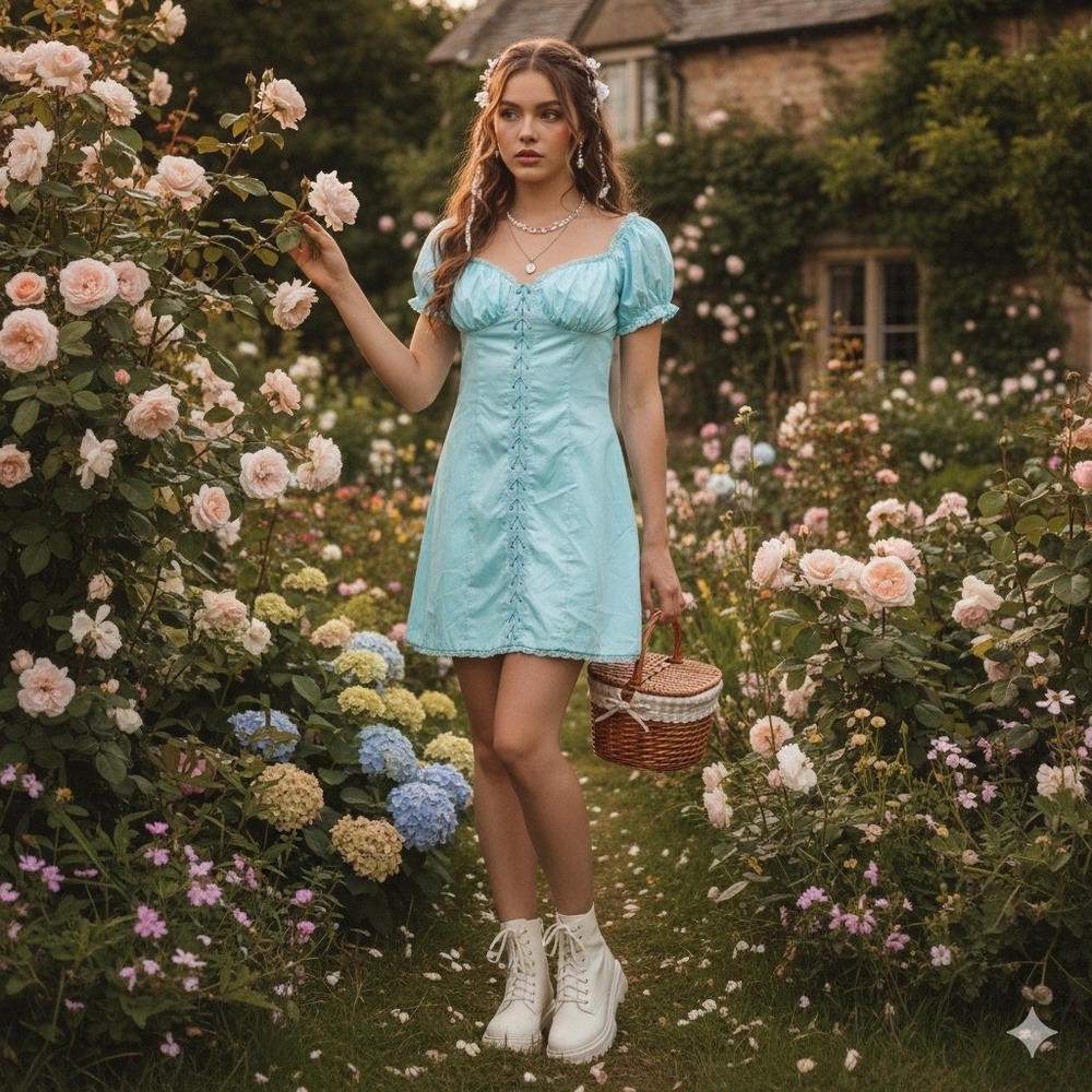 Tiger Mist Blue Lace Up Corset Milkmaid Mini Dress Puff Sleeve XS Coquette